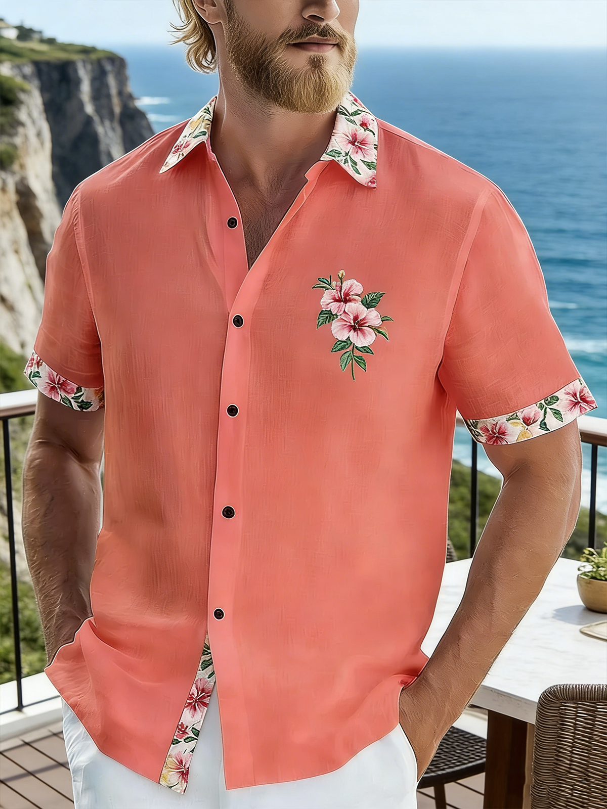 Linen-Texture Botanical Floral Chest Pocket Holiday Hawaiian Shirt
