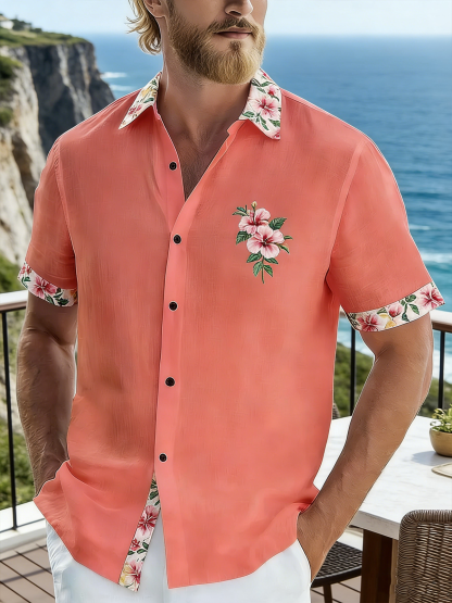 Linen-Texture Botanical Floral Chest Pocket Holiday Hawaiian Shirt