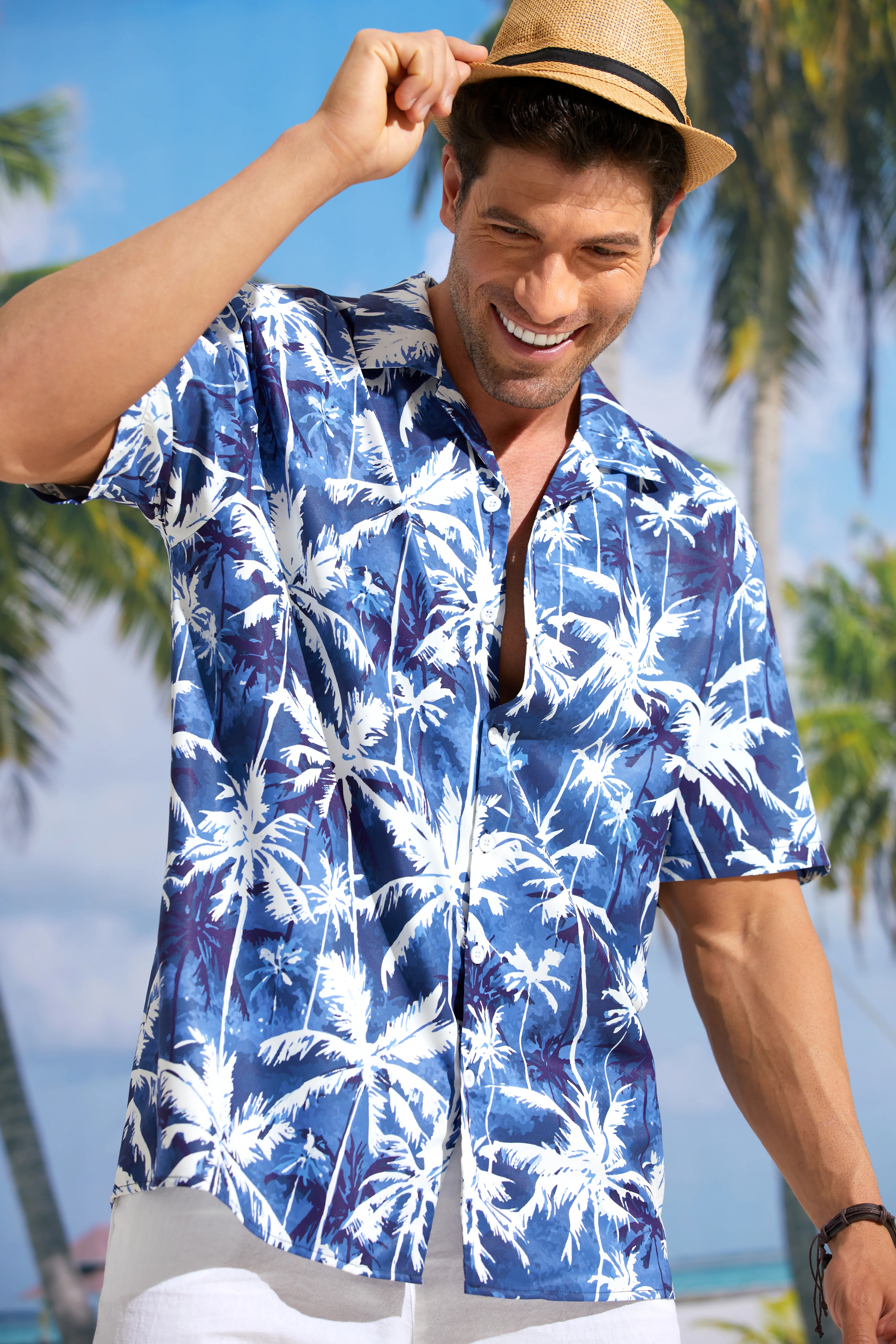 Men's Hawaiian Print Lapel Loose Chest Pocket Short Sleeve Fashion Aloha Shirt