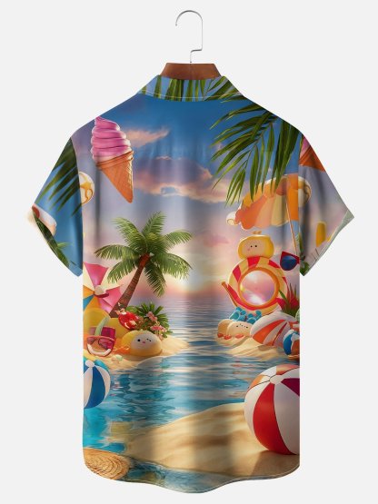 Moisture-wicking Fun Beach Scenery Art Youth Chest Pocket Hawaiian Shirt