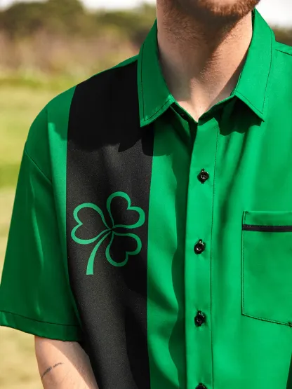 Hawaiian Button Up Shirt for Men Green St. Patrick's Day Lucky Clover Regular Fit Short Sleeve Bowling Shirt St Paddy's Day Shirt