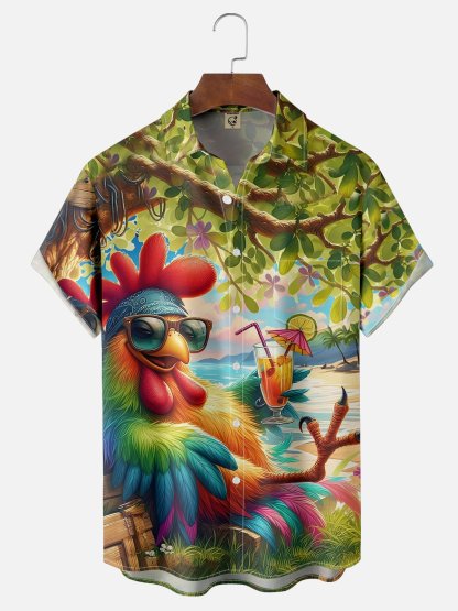 Moisture-wicking Vacation Big Cocktail Beach Chest Pocket Hawaiian Shirt