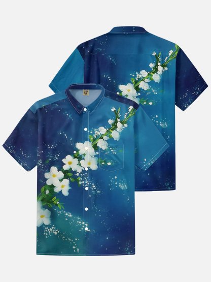 Moisture Wicking Abstract Gradient Floral & Botanical Print and Chest Pocket Holiday Hawaiian Shirt