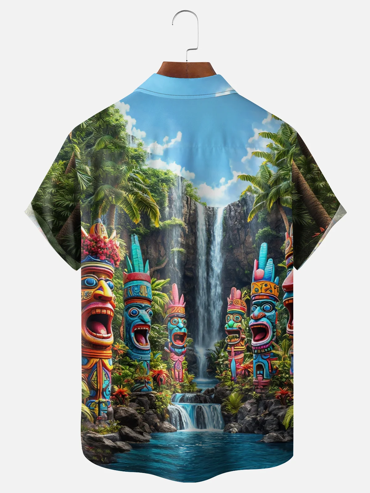 Moisture-wicking Forest TIKI Art Fun Chest Pocket Hawaiian Shirt