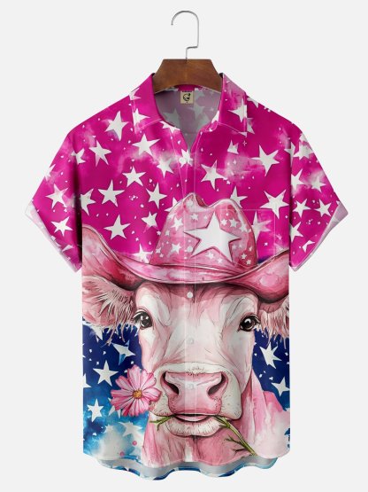 Moisture-wicking Western Cow Chest Pocket Casual Shirt
