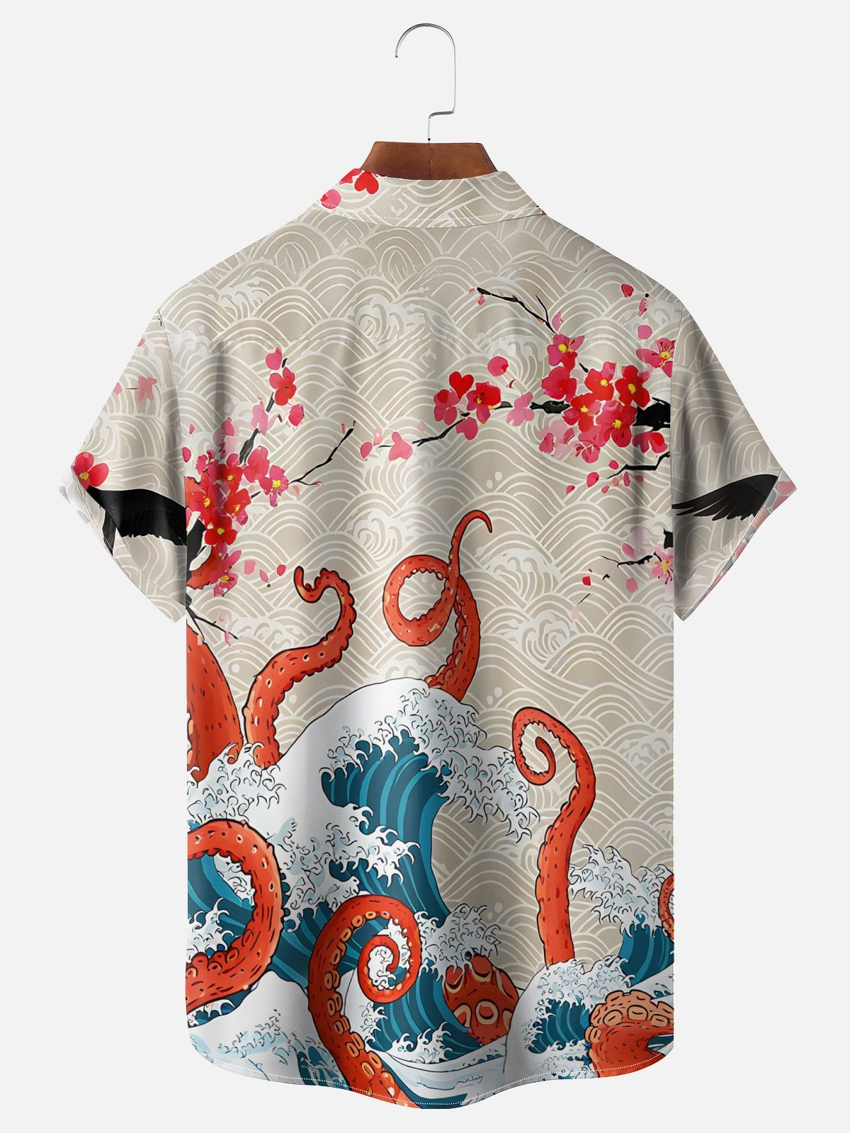 Moisture Wicking Japanese Ukiyo-e Cherry Blossom Octopus Chest Pocket Hawaiian Shirt