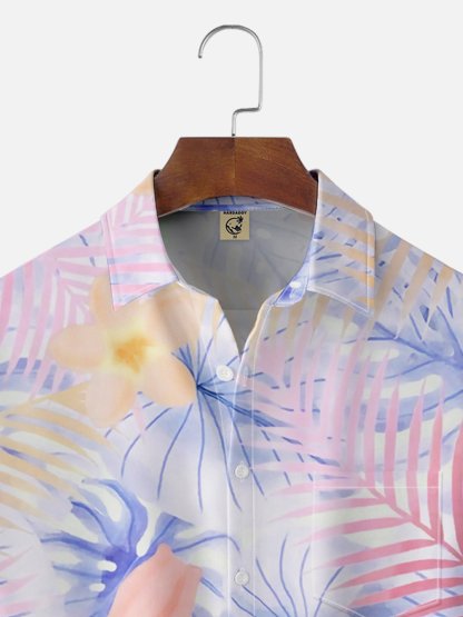 Moisture-wicking Palm Tree Hibiscus Flower Chest Pocket Hawaiian Shirt