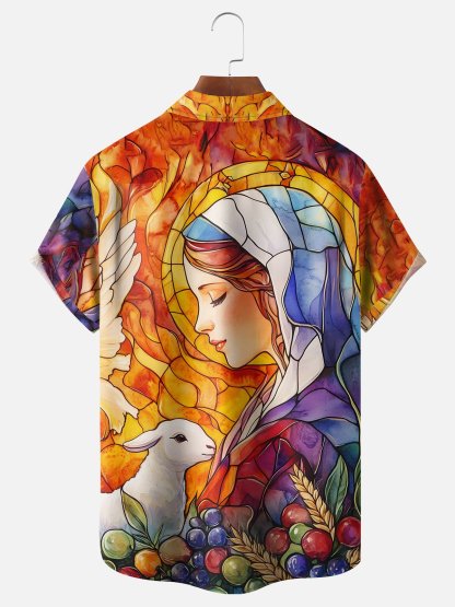 Moisture-wicking Easter Christian Virgin Mary Jesus Chest Pocket Casual Shirt