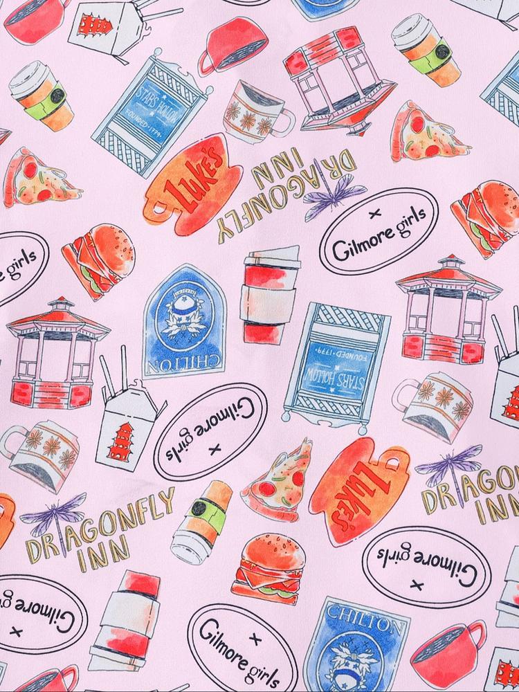 Women's Stars Hollow Gilmore Girls Pajama Set, Casual Fitted Long Sleeve Top & Elastic Pants, Comfortable Sleepwear for Holiday Party