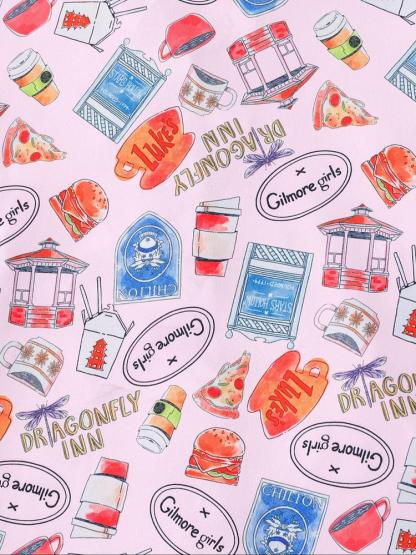 Women's Stars Hollow Gilmore Girls Pajama Set, Casual Fitted Long Sleeve Top & Elastic Pants, Comfortable Sleepwear for Holiday Party