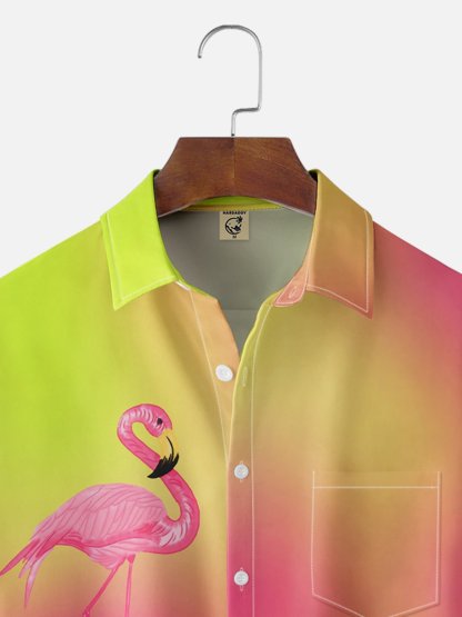 Flamingo Gradient Color Chest Pocket Short Sleeve Hawaiian Shirt