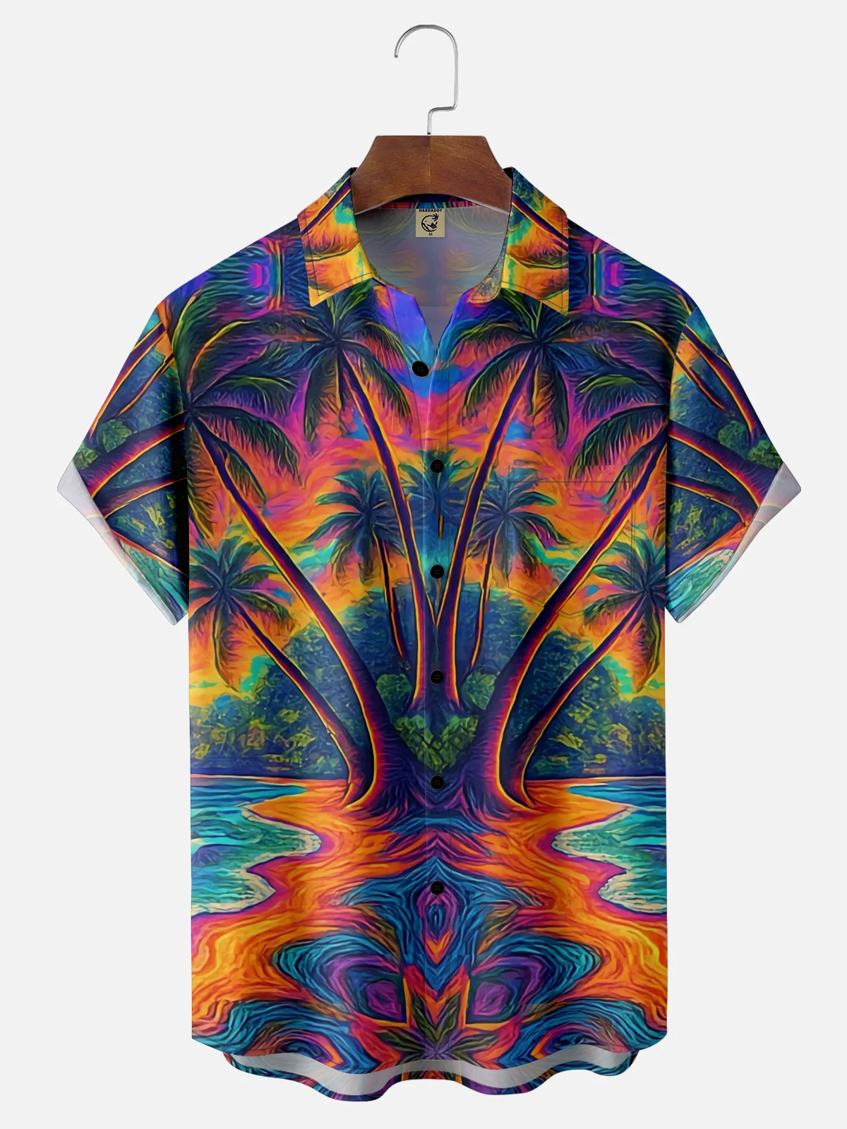 Synthetic Waveforms Moisture Wicking Artistic Ombre Coconut Tree Beach Chest Pocket Hawaiian Shirt