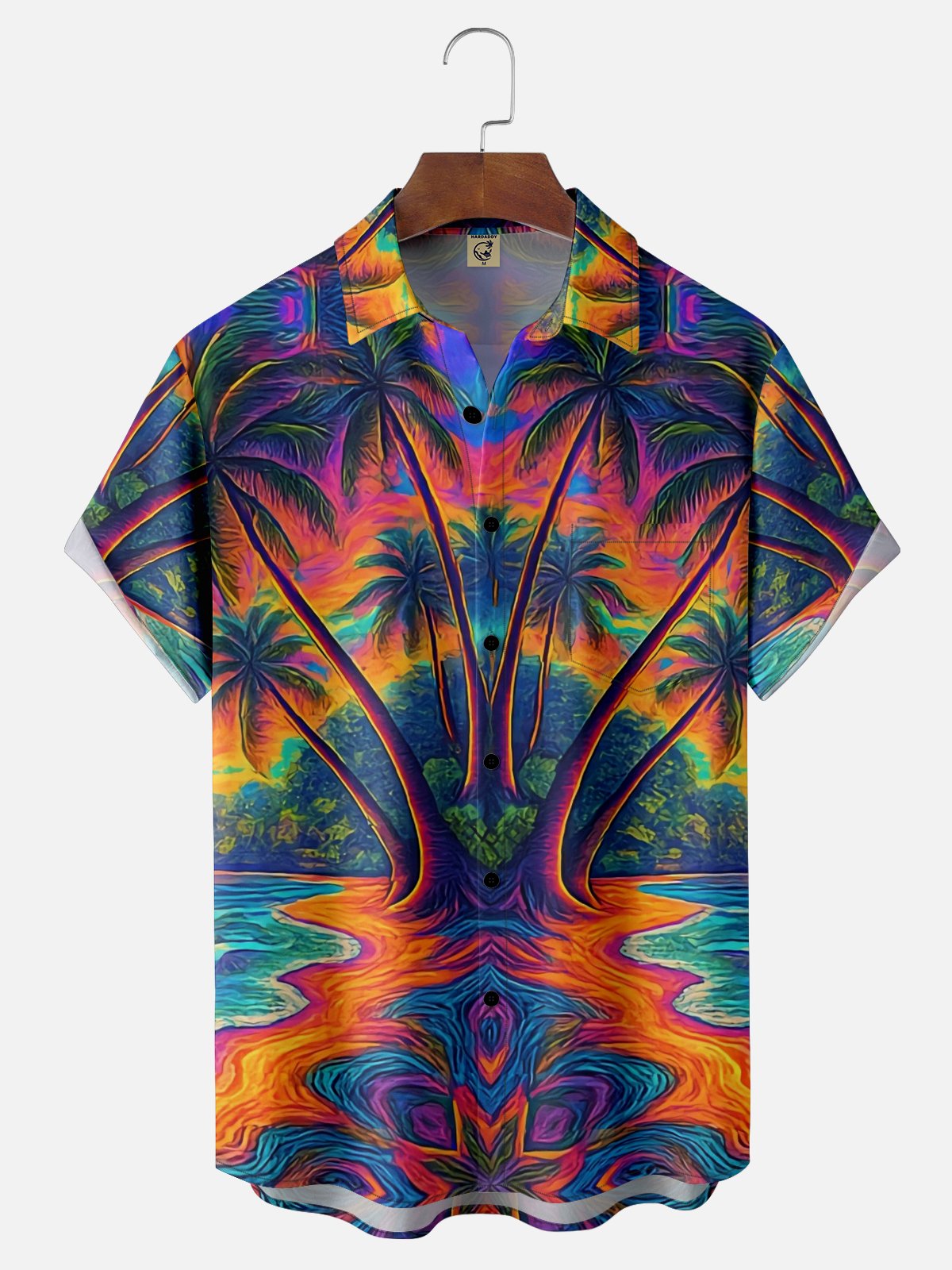 x Synthetic Waveforms Moisture Wicking Artistic Ombre Coconut Tree Beach Chest Pocket Hawaiian Shirt