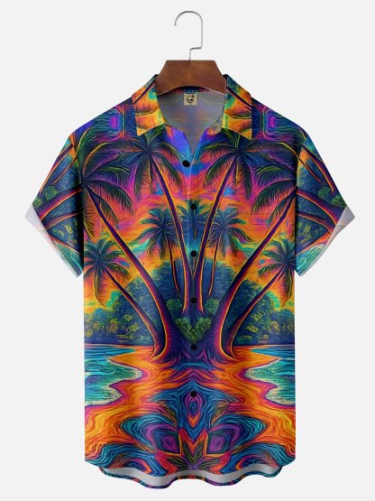 x Synthetic Waveforms Moisture Wicking Artistic Ombre Coconut Tree Beach Chest Pocket Hawaiian Shirt