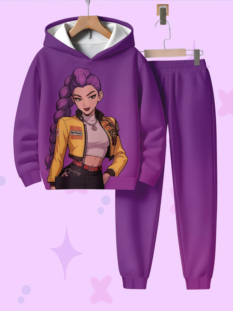 Hooded Sweatshirt Set with Witch Team Characters, Pants, Casual Style, Fall & Winter Fashion, Moderate Fabric, Fitted Fit