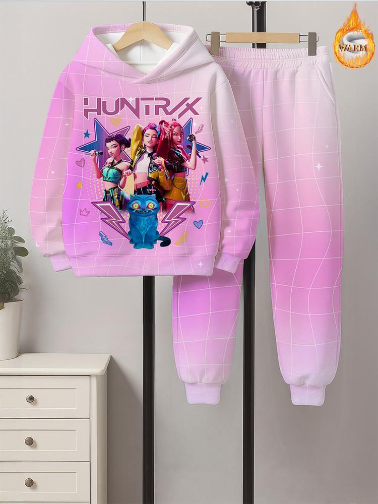 Girls' K-Pop Demon Hunters Fleece Set, Hoodie & Sweatpants, Casual Fall Winter Sportswear, 3D Huntrx Idol Group Print, Christmas Gift, Casual Fashion Set