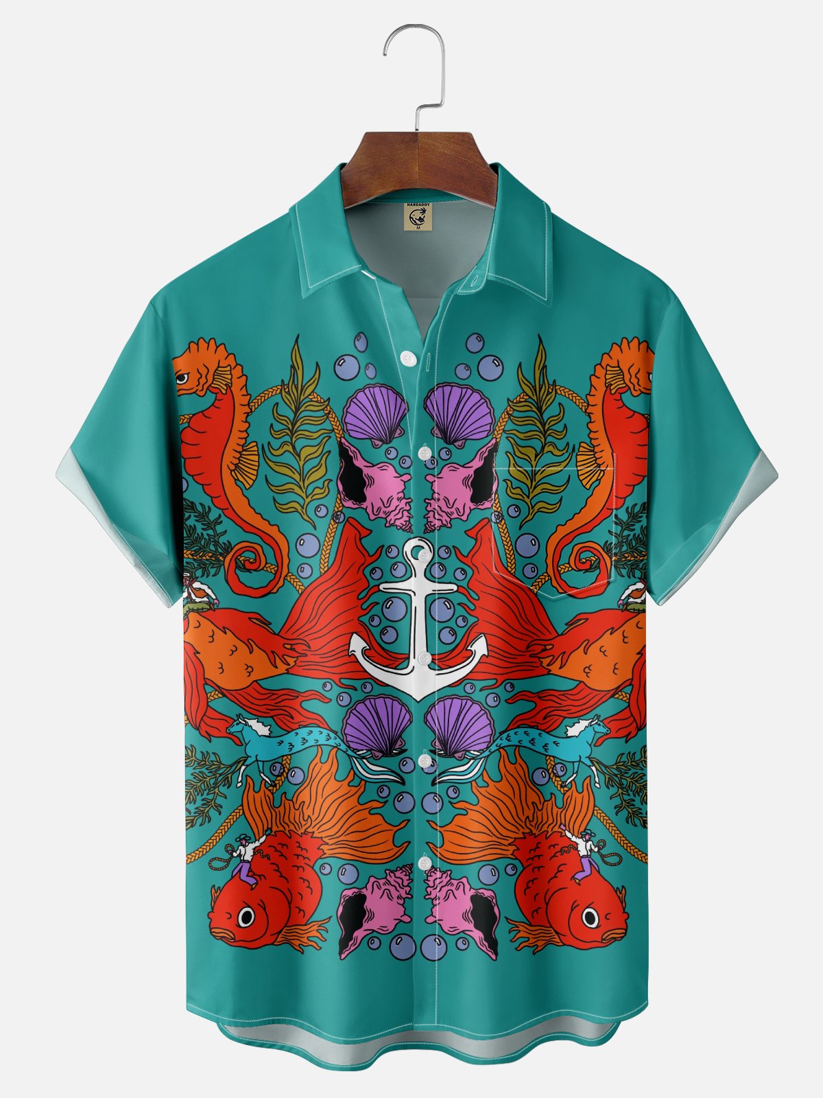 X Artist Janet Johnson Moisture Wicking Abstract Ocean Elements Seahorse Art Painting Chest Pocket Hawaiian Shirt