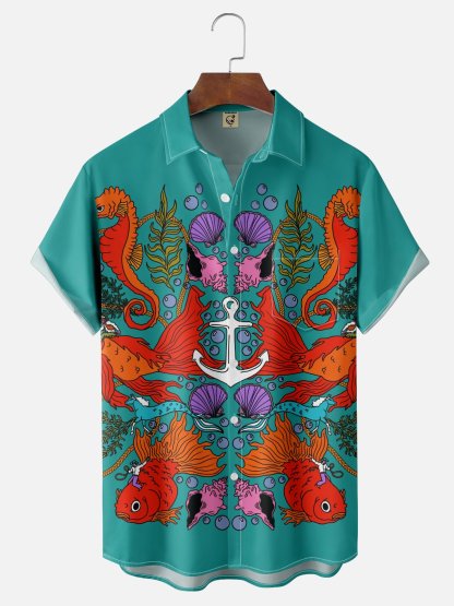 X Artist Janet Johnson Moisture Wicking Abstract Ocean Elements Seahorse Art Painting Chest Pocket Hawaiian Shirt