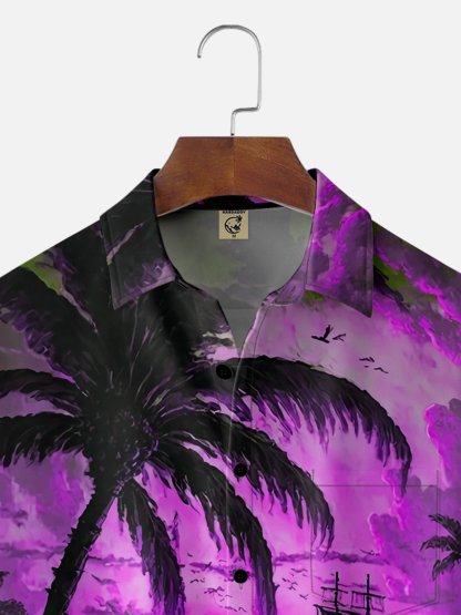 Moisture-wicking Palm Tree Sailing Boat Chest Pocket Hawaiian Shirt