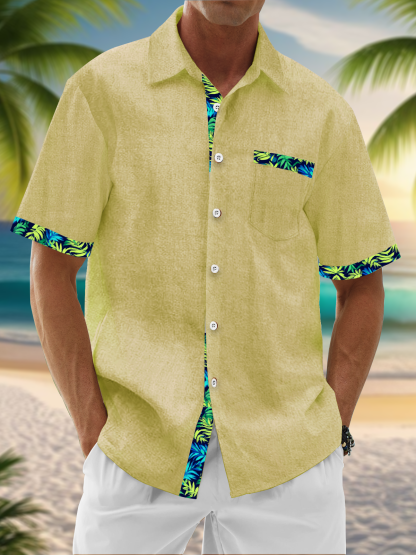 Linen Texture Plant Based Solid Color Patchwork Chest Pocket Holiday Hawaiian Shirt