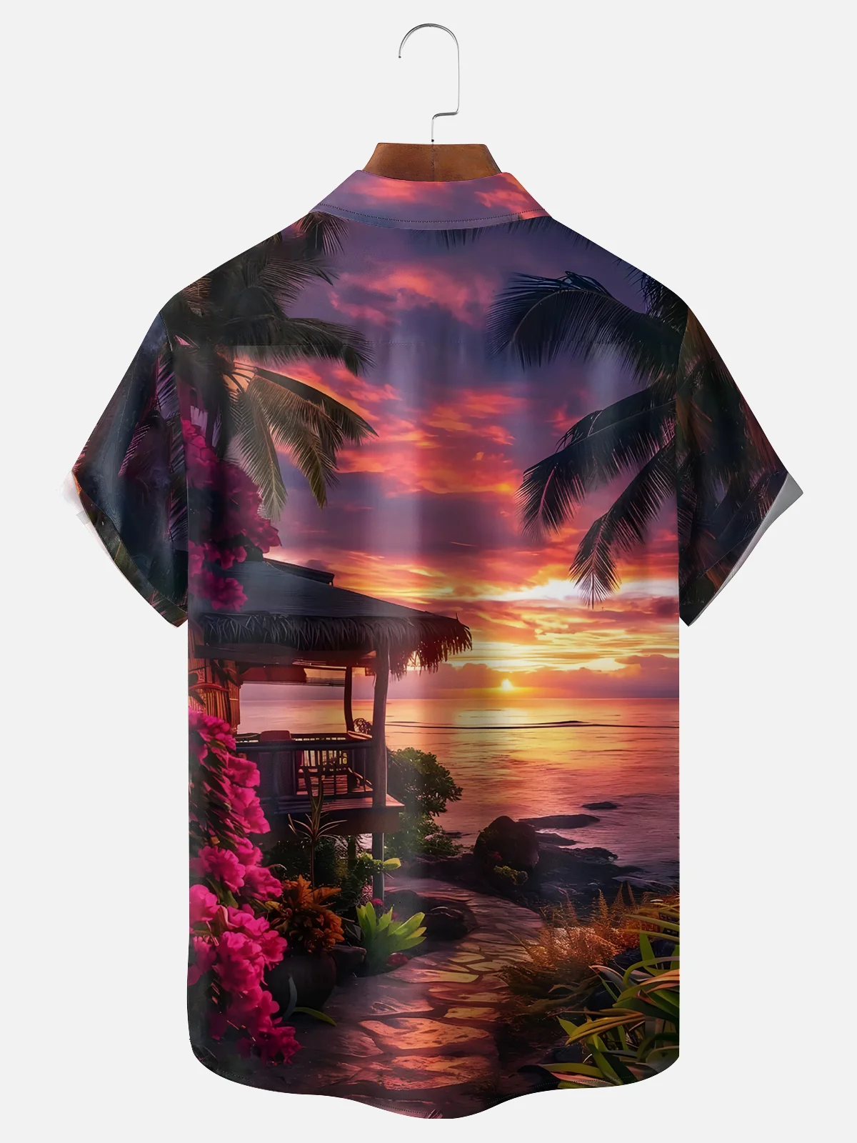 Moisture-wicking Sunset Beach Coconut Trees Chest Pocket Hawaiian Shirt