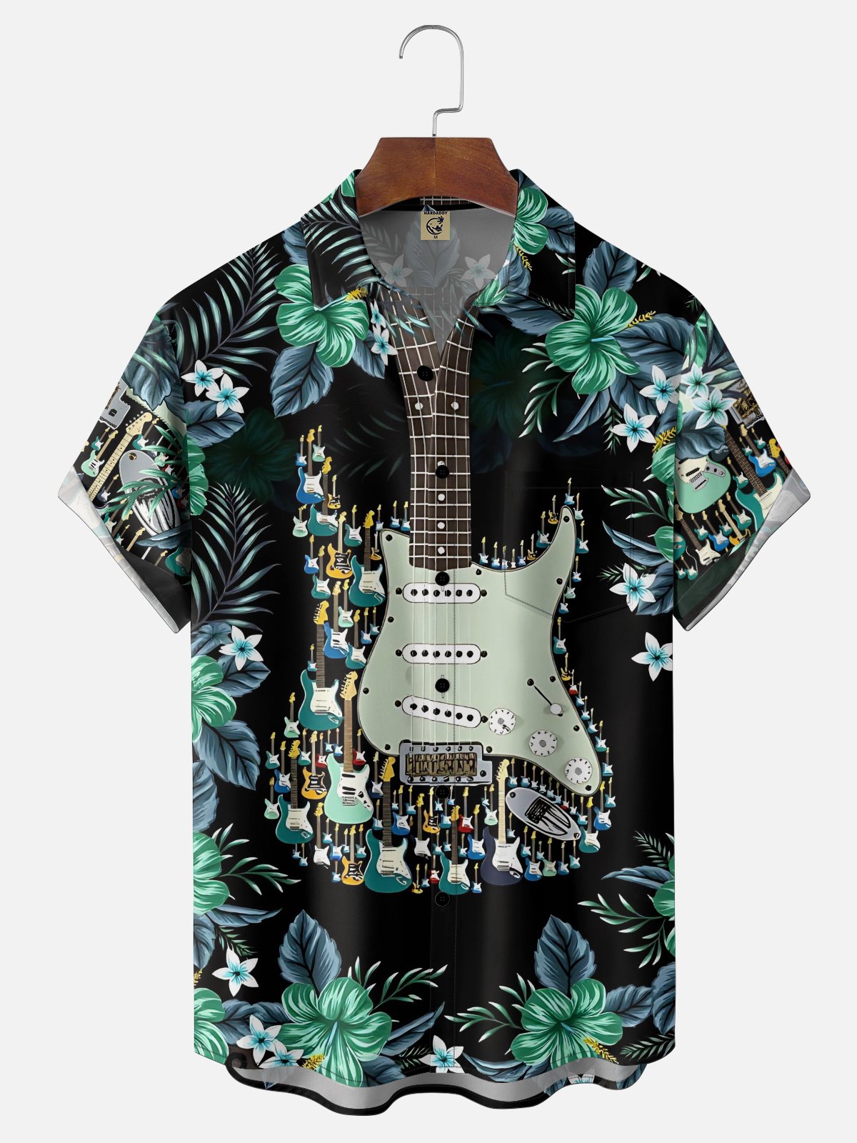 Moisture-Wicking Tropical Floral & Guitar Print Chest Pocket  Hawaiian Shirt