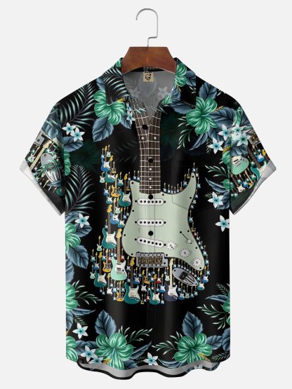 Moisture-Wicking Tropical Floral & Guitar Print Chest Pocket  Hawaiian Shirt