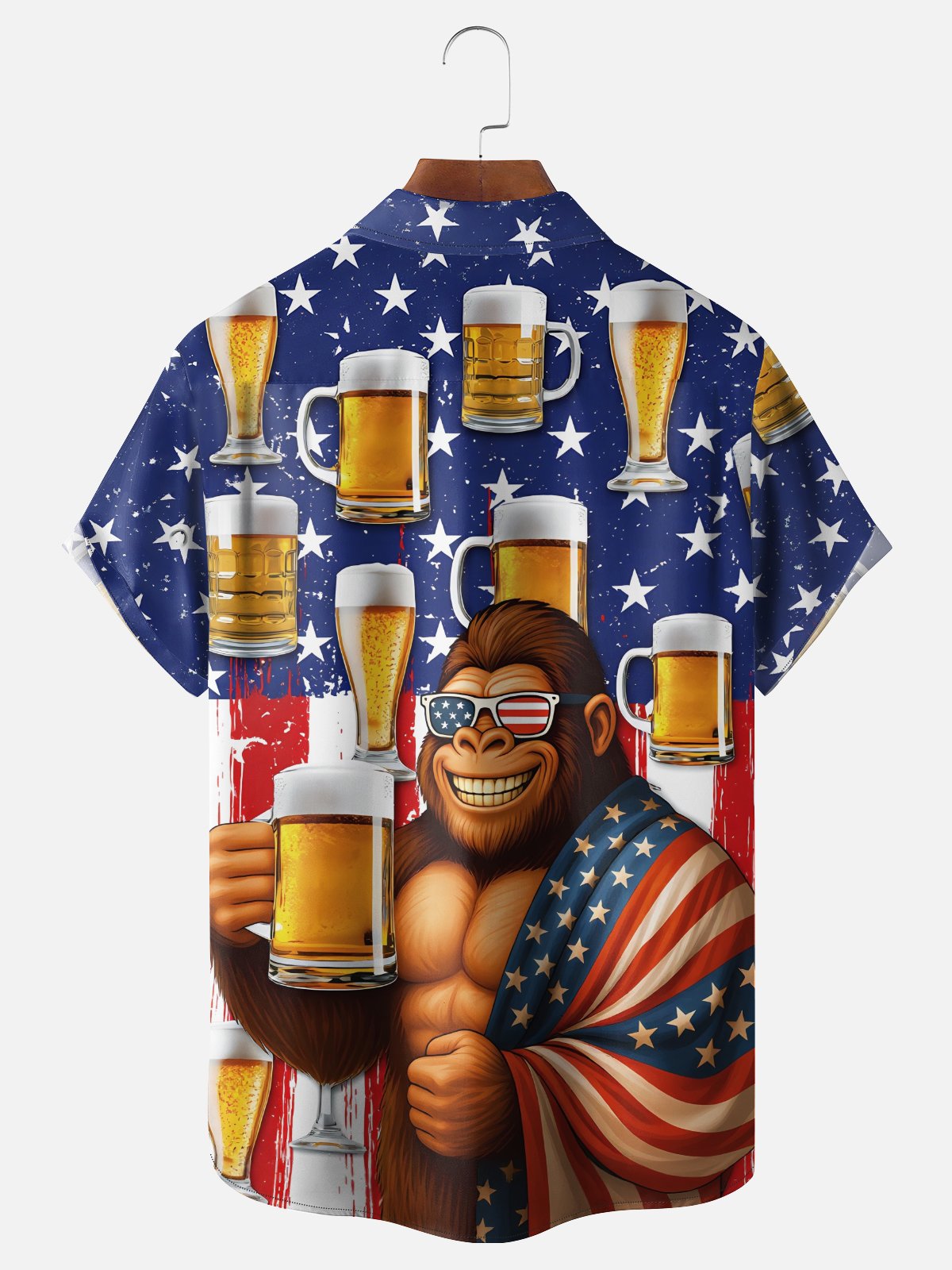 Moisture Wicking American Independence Day Anniversary Flag Beer Bigfoot Chest Pocke Holiday Hawaiian Shirt
