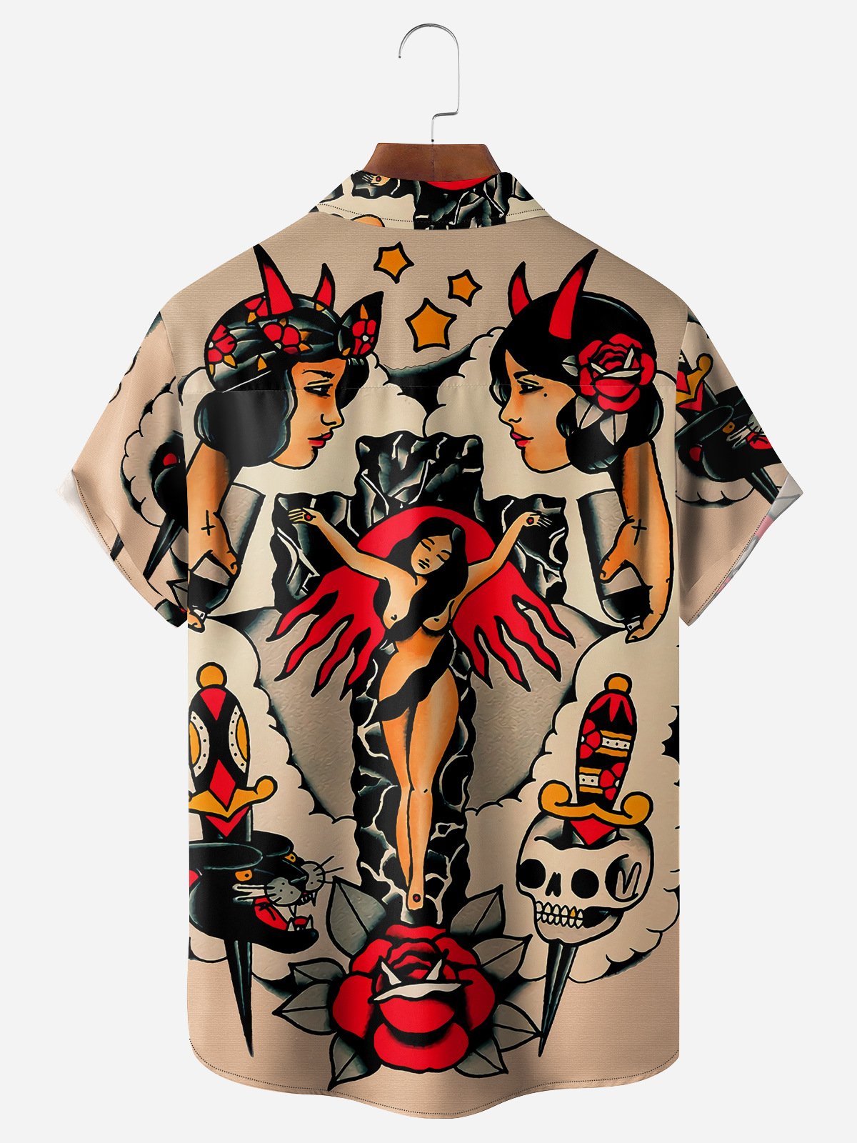 Vintage Beauty Tattoo Chest Pocket Short Sleeves Hawaiian Shirt