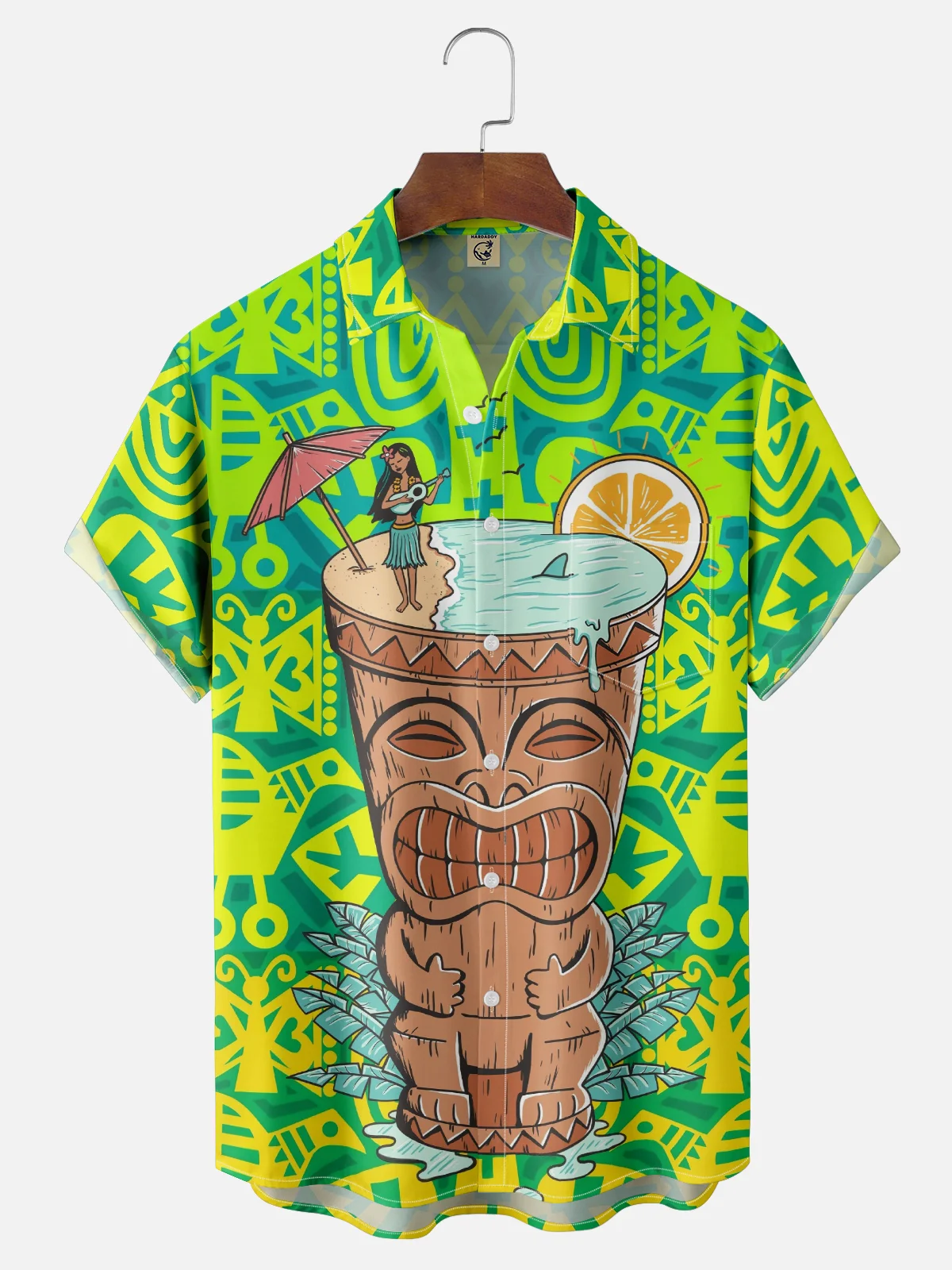 Coffee Man Moisture-wicking Tiki Hula Girl Chest Pocket Hawaiian Shirt