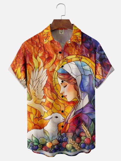 Moisture-wicking Easter Christian Virgin Mary Jesus Chest Pocket Casual Shirt