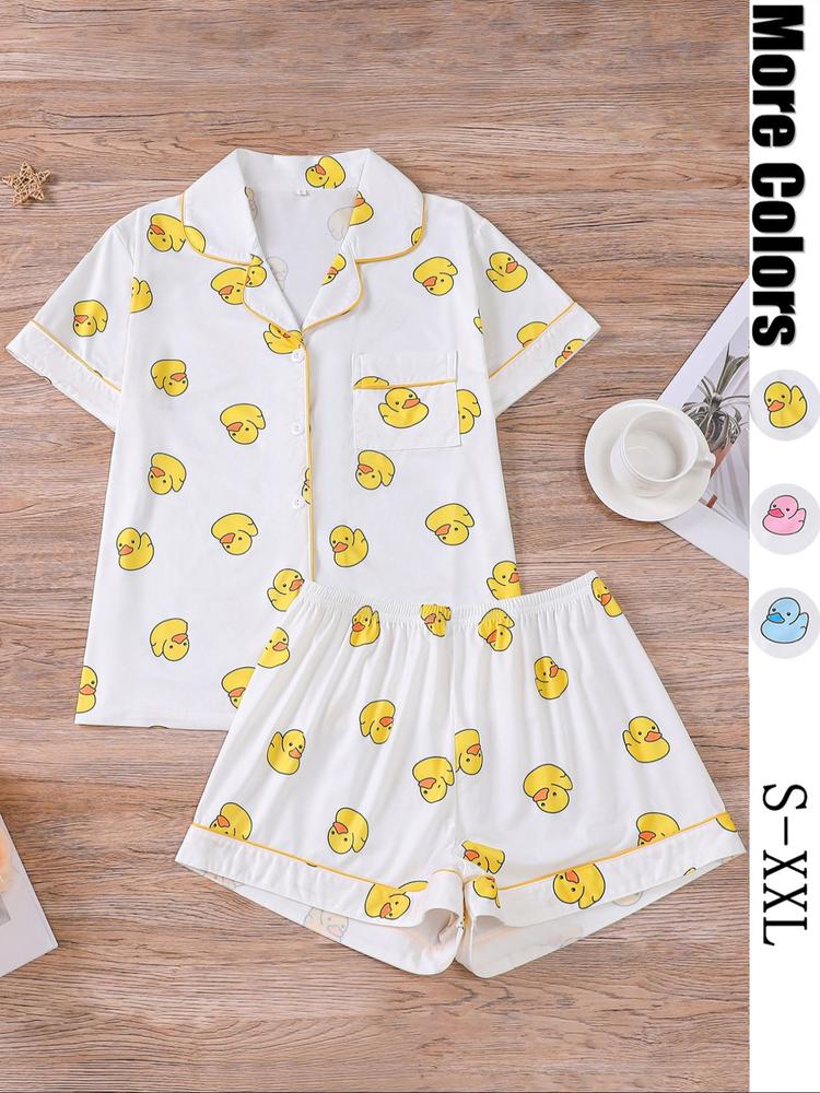 Women's Casual Duck Print Pajama Set, Short Sleeve Lapel Top & Elastic Shorts, All-Season Comfortable Sleepwear