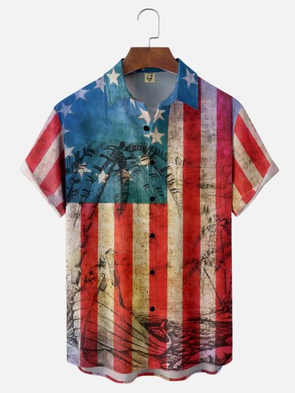 Moisture Wicking Gradient American Flag Sailboat Coconut Tree Line Drawing Chest Pocket Hawaiian Shirt