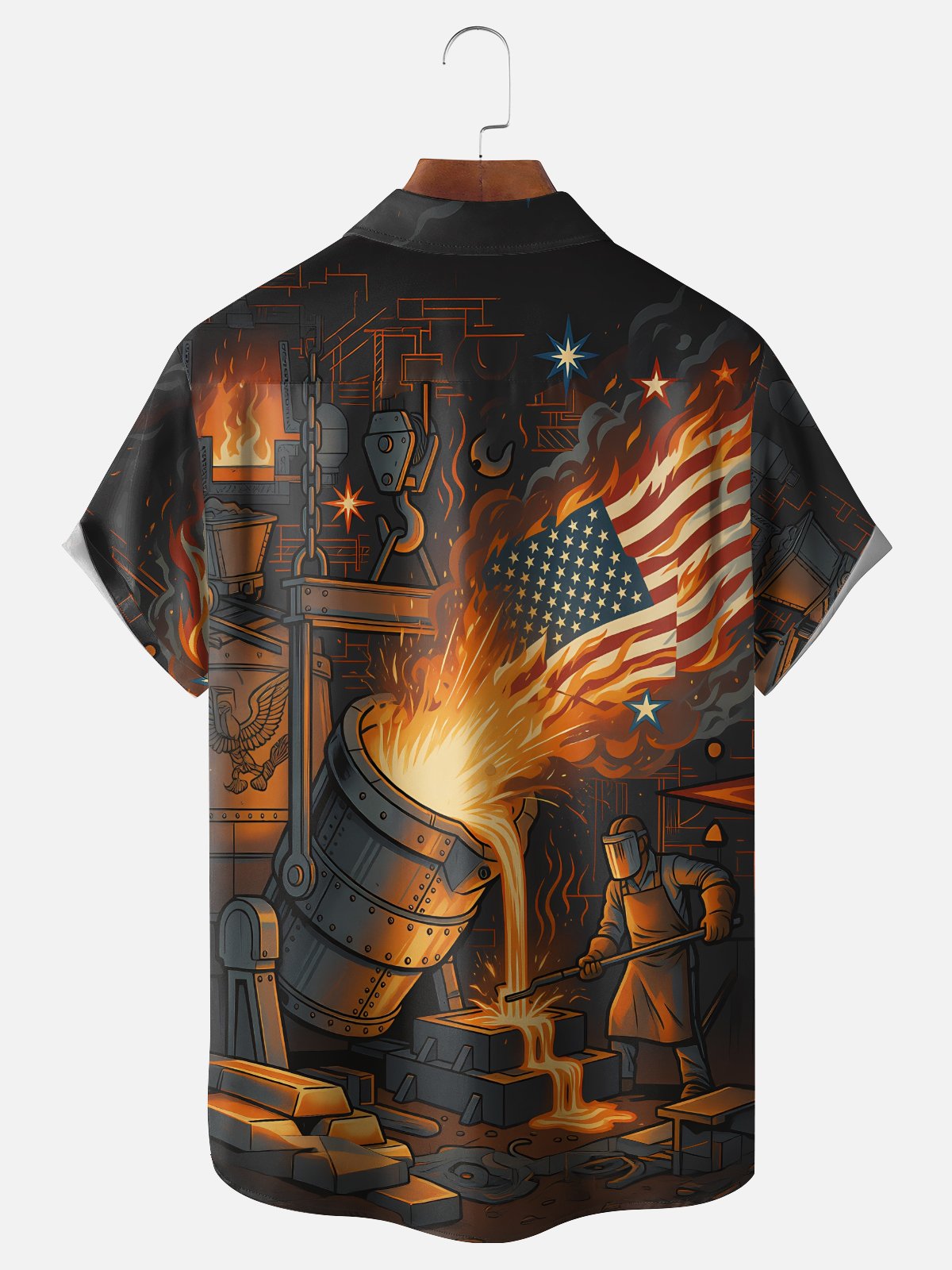 Moisture-Wicking US Independence Day Flag & Steelworker Design Chest Pocket Festive Hawaiian Shirt