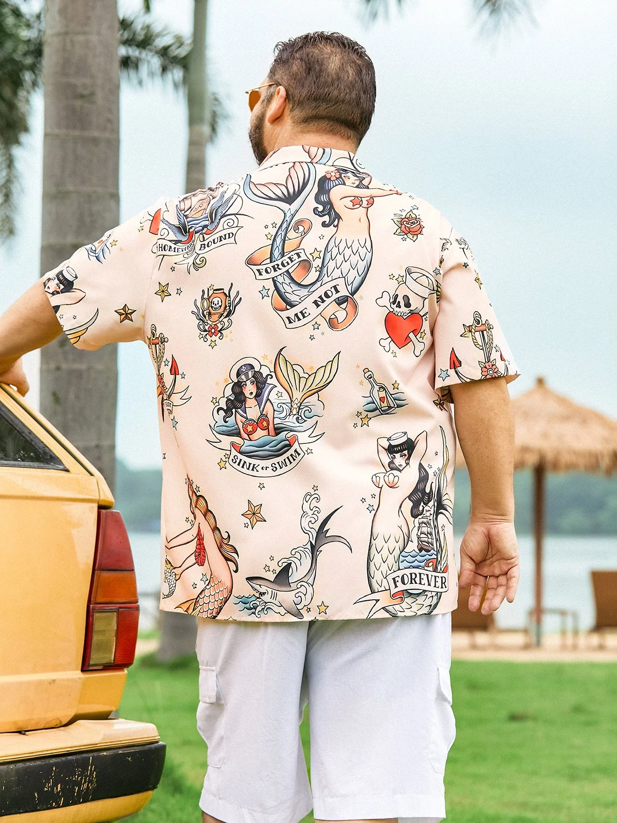 Mens Mermaid Print Front Buttons Soft Breathable Loose Casual Hawaiian Shirt