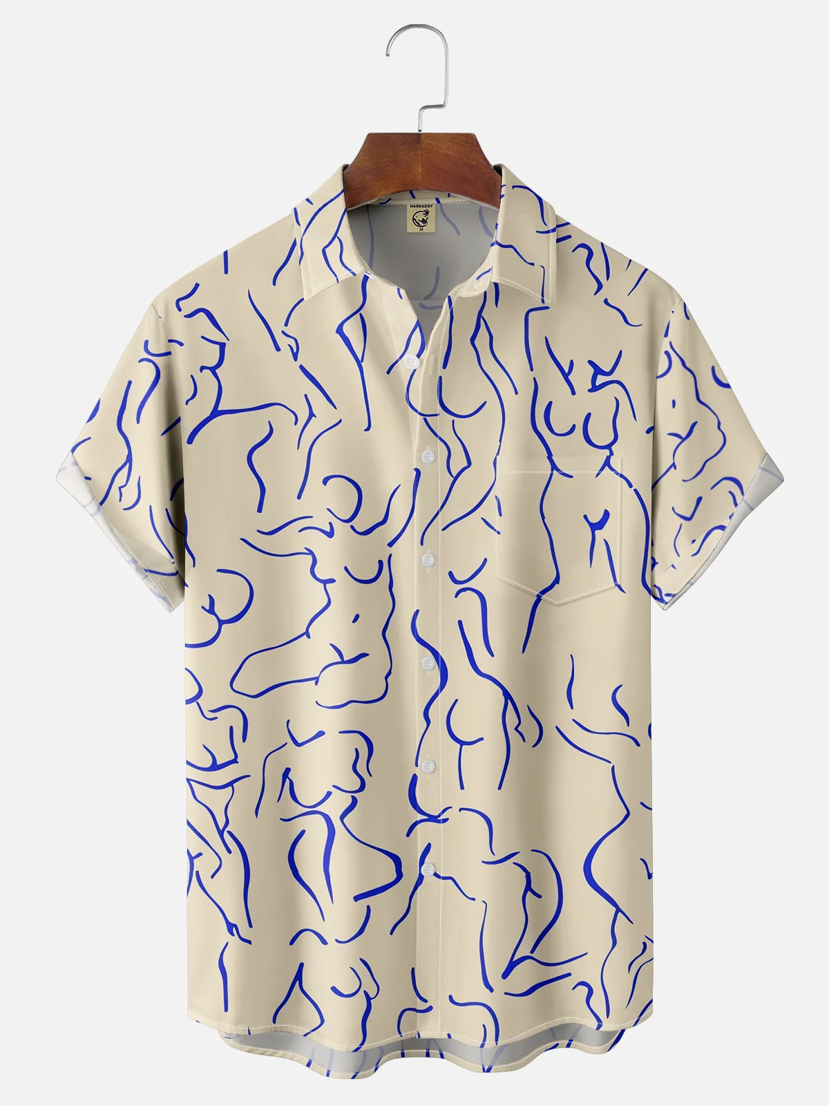 Moisture-wicking Art Blue Abstract Line Drawing Chest Pocket Hawaiian Titty Shirt