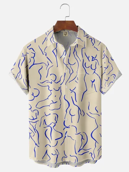 Moisture-wicking Art Blue Abstract Line Drawing Chest Pocket Hawaiian Titty Shirt