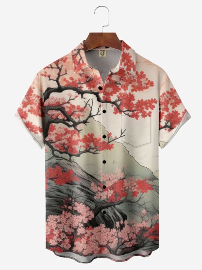 Moisture-wicking Cherry Blossoms Chest Pocket Hawaiian Shirt
