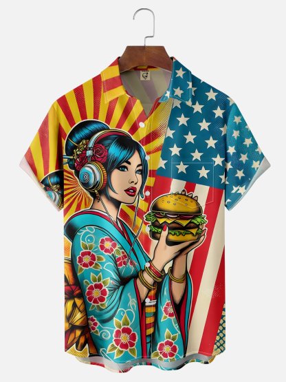 Moisture Wicking Ukiyo-e American Girl Chest Pocket Hawaiian Shirt