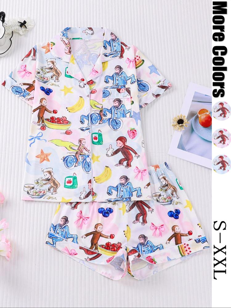 Women's Cute Monkey Print Pajama Set, Short Sleeve Lapel Top & Elastic Shorts, Casual Summer Sleepwear, 2 Piece, Loungewear