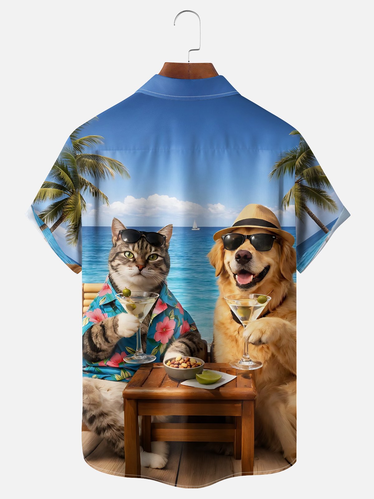 Moisture-wicking Cat Dog Beach Coconut Tree Chest Pocket Hawaiian Shirt