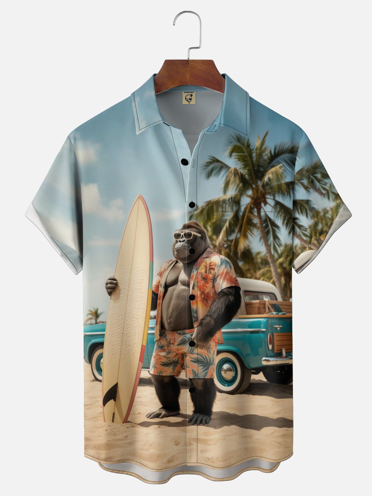 Moisture-wicking Orangutan Car Beach Coconut Trees Chest Pocket Hawaiian Shirt