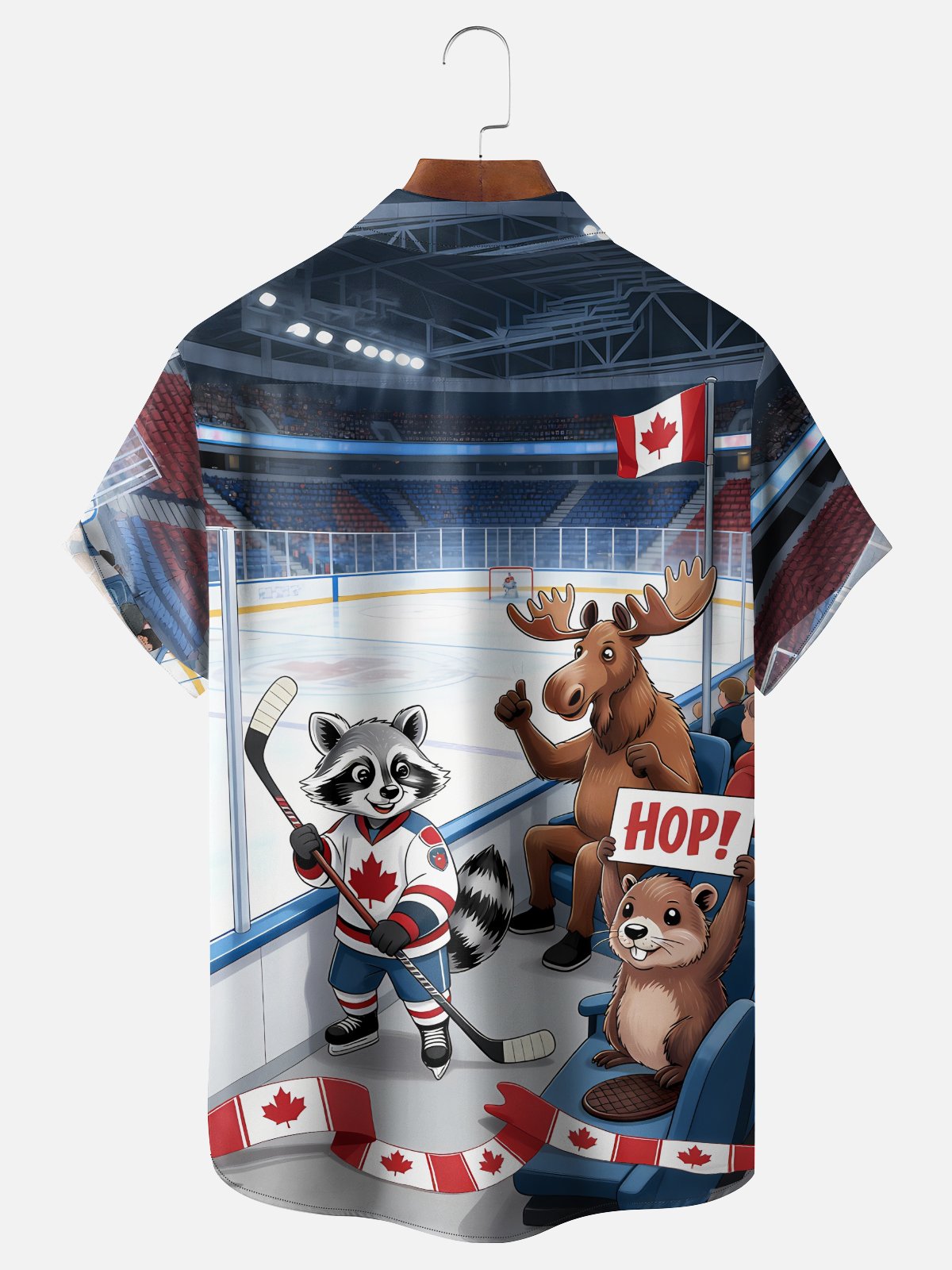 Moisture Wicking Canadian Heritage Themed Maple Leaf Flag Hockey Beaver Moose Motifs Chest Pocket Hawaiian Shirt
