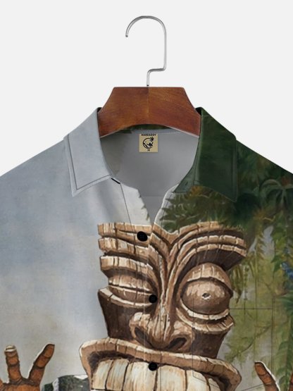 Moisture-wicking TIKI Escape Fun Art Chest Pocket Hawaiian Shirt