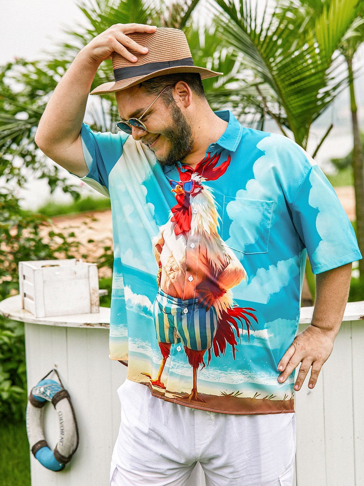 Moisture-wicking Beach Fun Chicken Chest Pocket Hawaiian Shirt