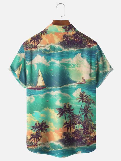 Moisture-wicking Palm Tree Chest Pocket Hawaiian Shirt