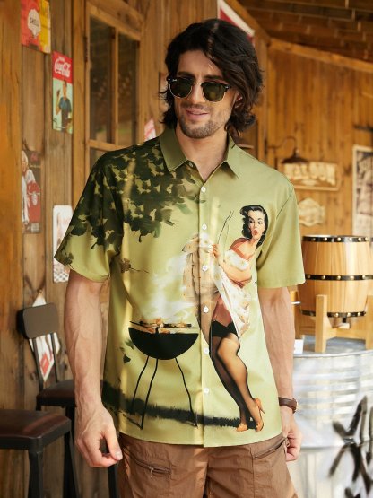 Retro Beauty Chest Pocket Short Sleeve Hawaiian Shirt