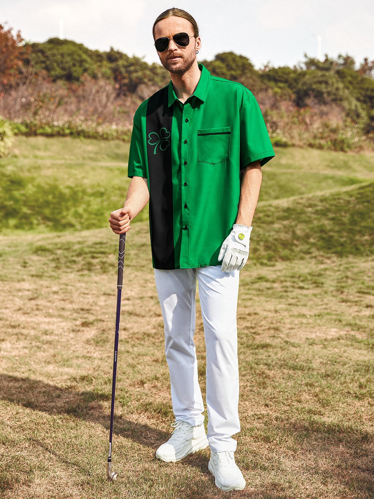Hawaiian Button Up Shirt for Men Green St. Patrick's Day Lucky Clover Regular Fit Short Sleeve Bowling Shirt St Paddy's Day Shirt