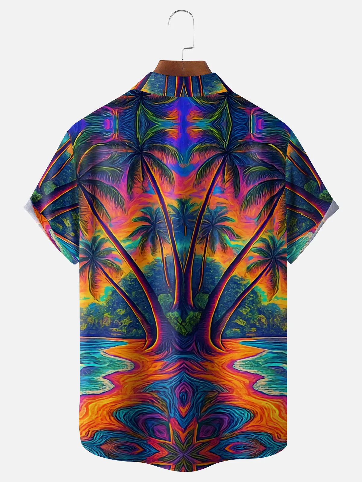 Synthetic Waveforms Moisture Wicking Artistic Ombre Coconut Tree Beach Chest Pocket Hawaiian Shirt