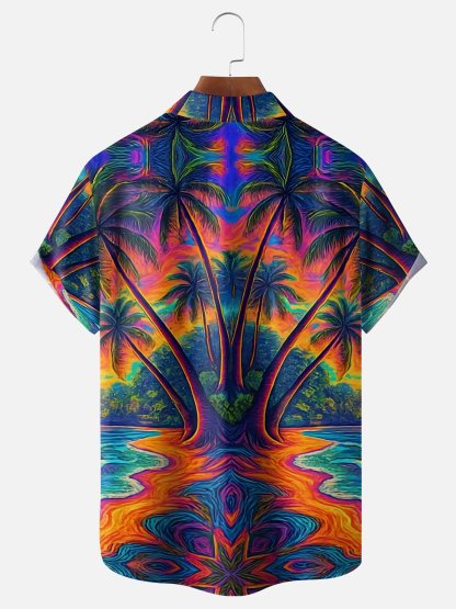 x Synthetic Waveforms Moisture Wicking Artistic Ombre Coconut Tree Beach Chest Pocket Hawaiian Shirt